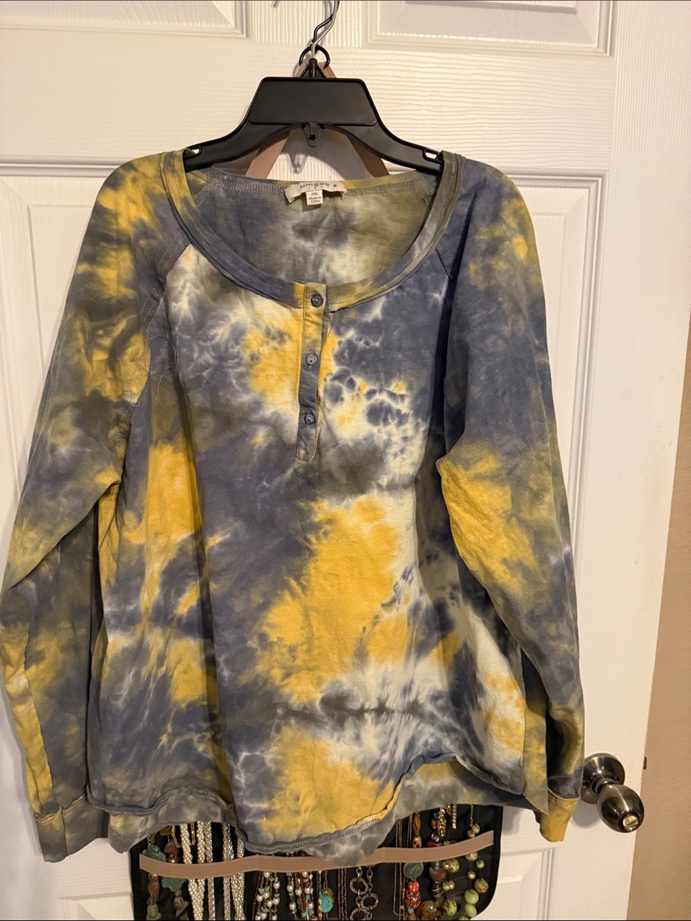 Umgee Tie-Dye Henley Long Sleeve Top - Yellow & Gray